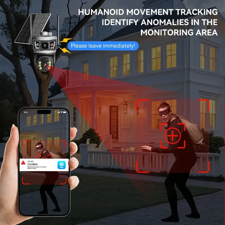 Caméra de Surveillance 4G & Wi-Fi 2K Quad HD avec Panneau Solaire – Vision Nocturne, Détection de Mouvement & Audio Bidirectionnel