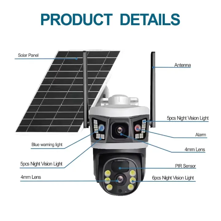 Caméra de Surveillance 4G & Wi-Fi 2K Quad HD avec Panneau Solaire – Vision Nocturne, Détection de Mouvement & Audio Bidirectionnel