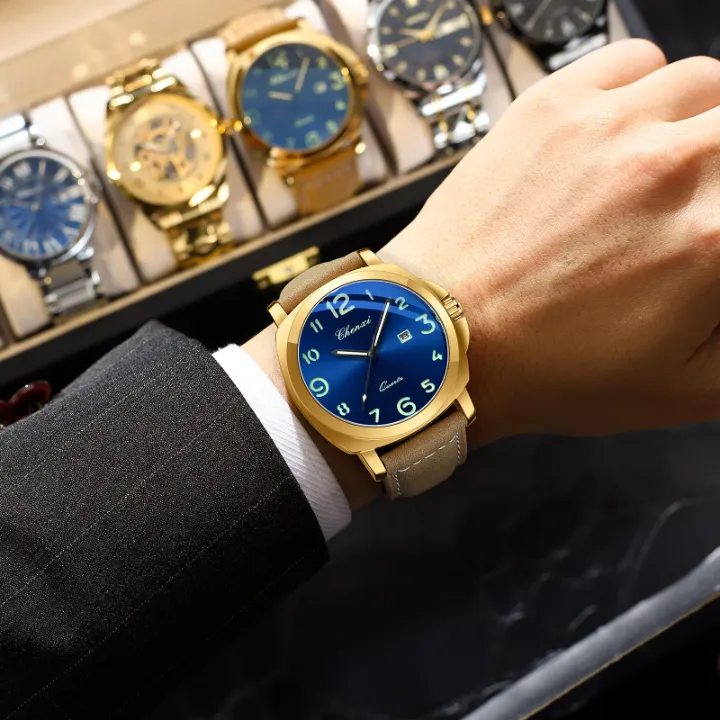 Montre Homme Chenxi Quartz – Boîtier Doré, Bracelet en Cuir et Chiffres Luminescents