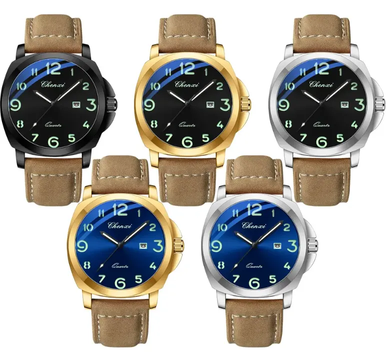 Montre Homme Chenxi Quartz – Boîtier Doré, Bracelet en Cuir et Chiffres Luminescents