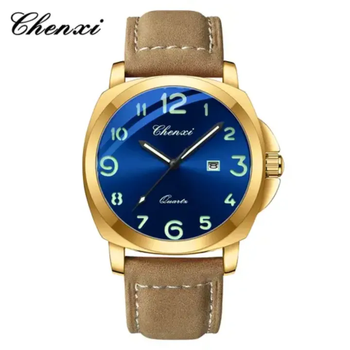Montre Homme Chenxi Quartz – Boîtier Doré, Bracelet en Cuir et Chiffres Luminescents