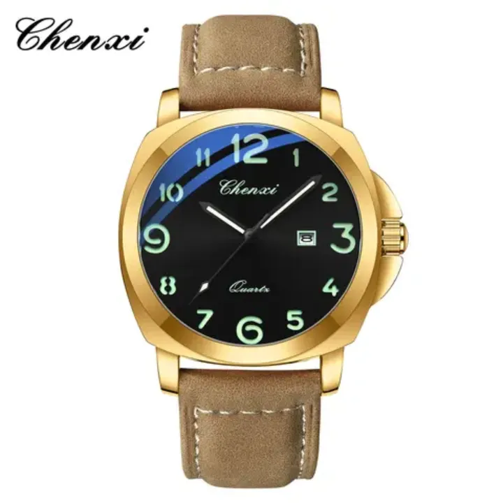 Montre Homme Chenxi Quartz – Boîtier Doré, Bracelet en Cuir et Chiffres Luminescents