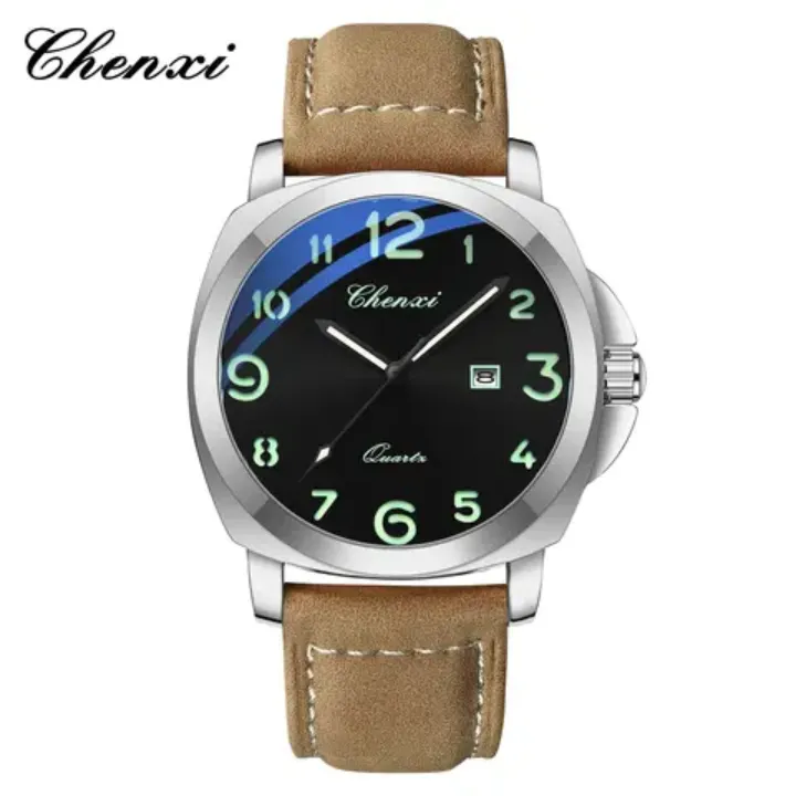 Montre Homme Chenxi Quartz – Boîtier Doré, Bracelet en Cuir et Chiffres Luminescents