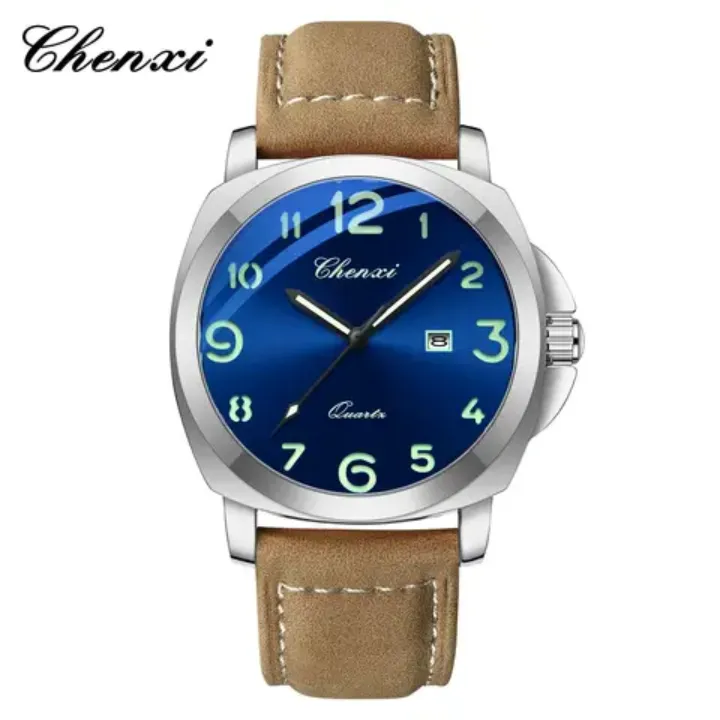 Montre Homme Chenxi Quartz – Boîtier Doré, Bracelet en Cuir et Chiffres Luminescents