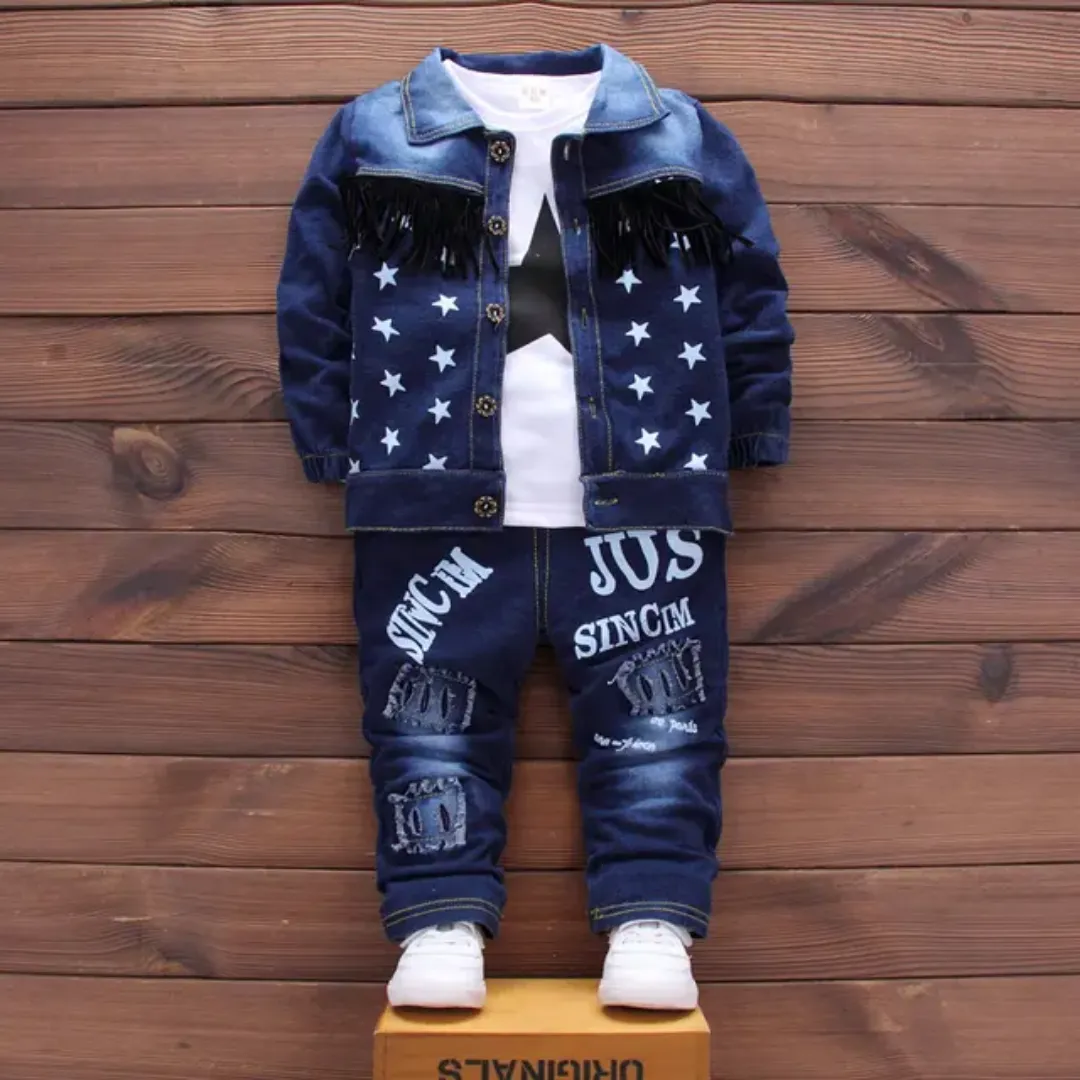 Ensemble Enfant 3 Pièces en Jean – Veste, T-shirt et Pantalon Imprimé