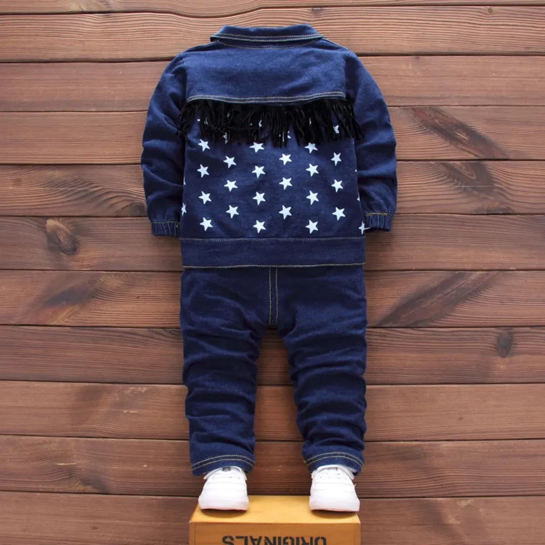 Ensemble Enfant 3 Pièces en Jean – Veste, T-shirt et Pantalon Imprimé