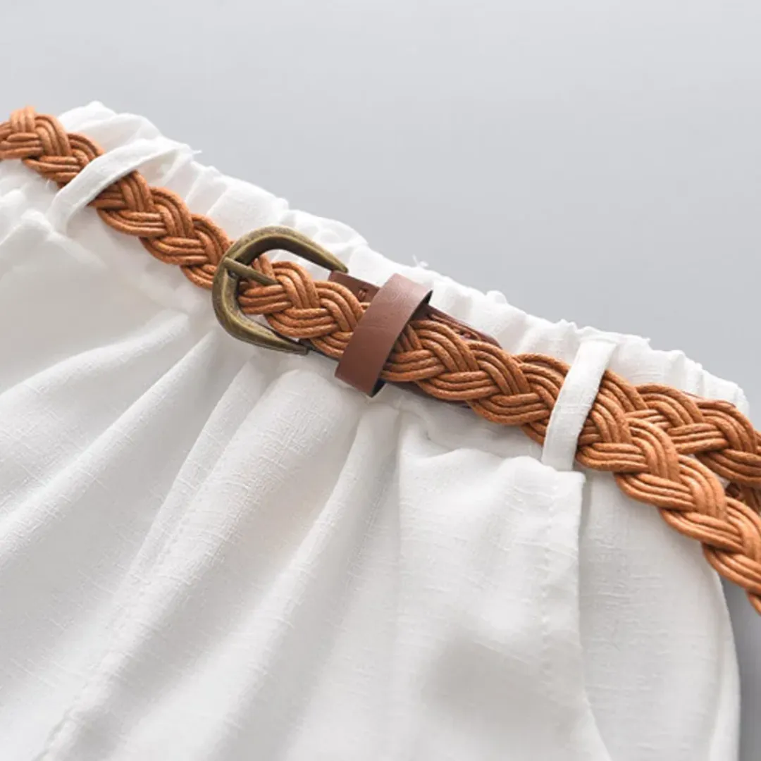 Ensemble été fille – Haut sans manches à volants fleuri & short blanc avec ceinture tressée