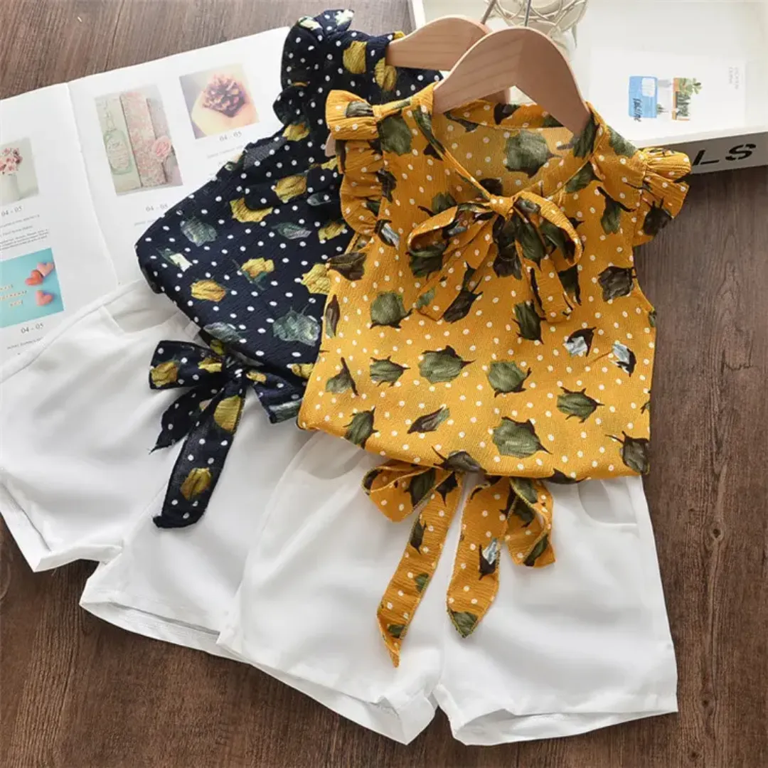 Ensemble Été Fille – Haut Sans Manches à Pois et Citrons + Short Blanc avec Nœud