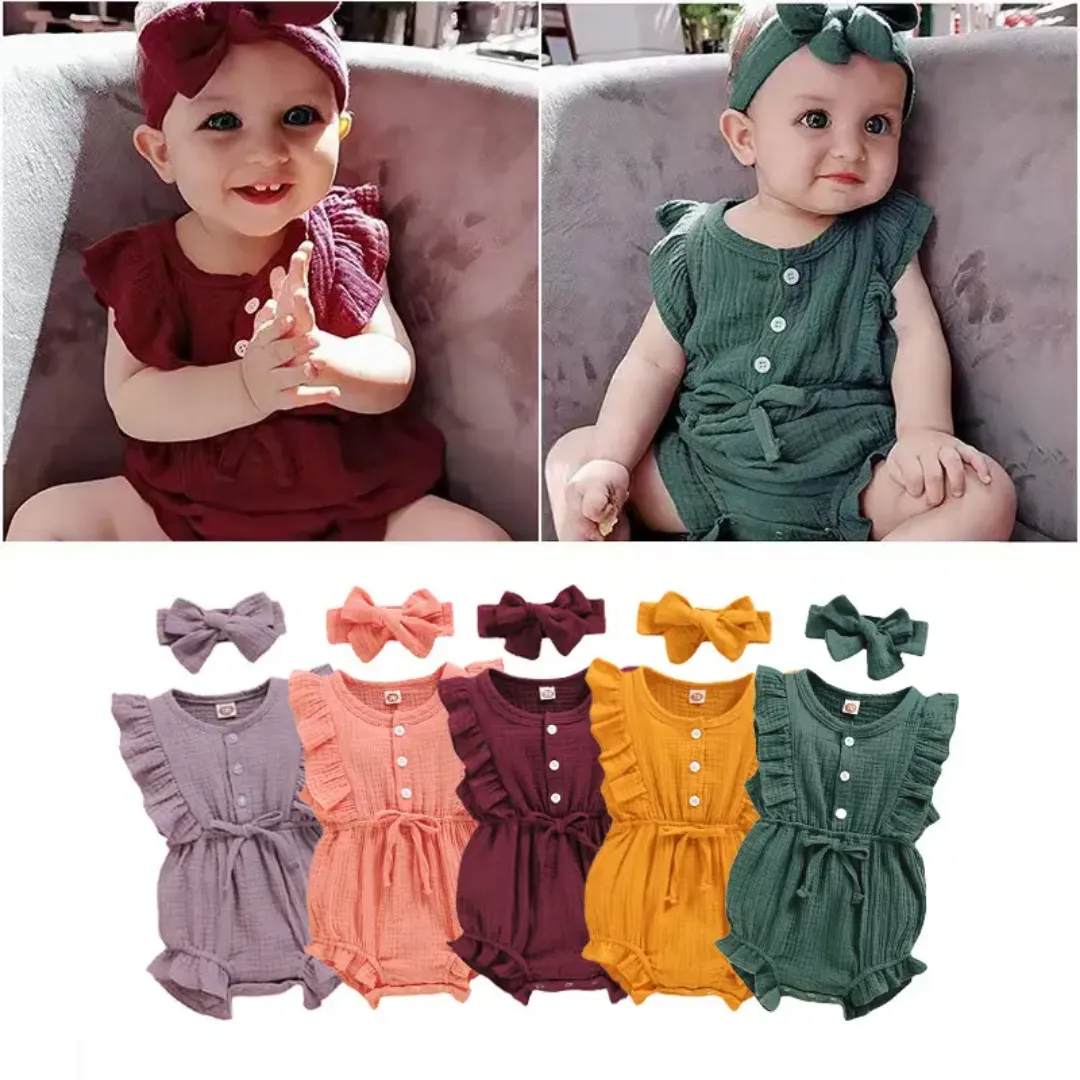 Barboteuse bébé fille en coton gaufré avec bandeau – Jaune moutarde