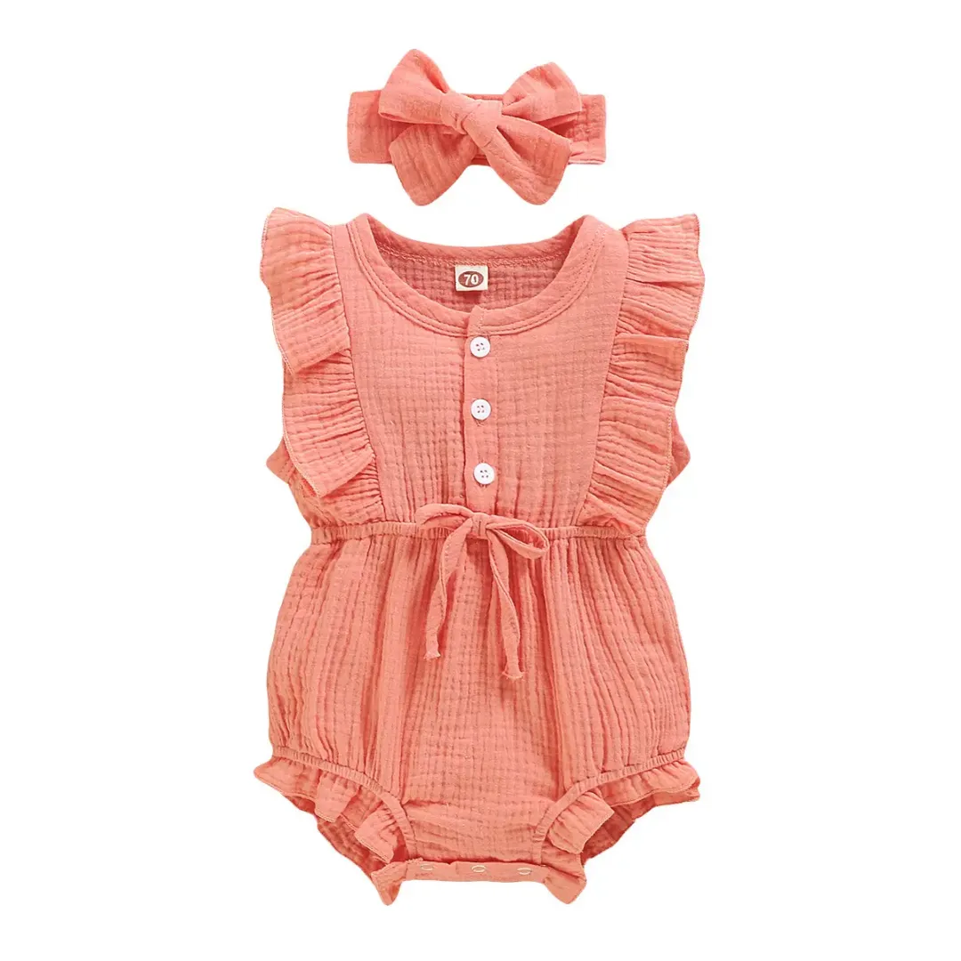 Barboteuse bébé fille en coton gaufré avec bandeau – Jaune moutarde