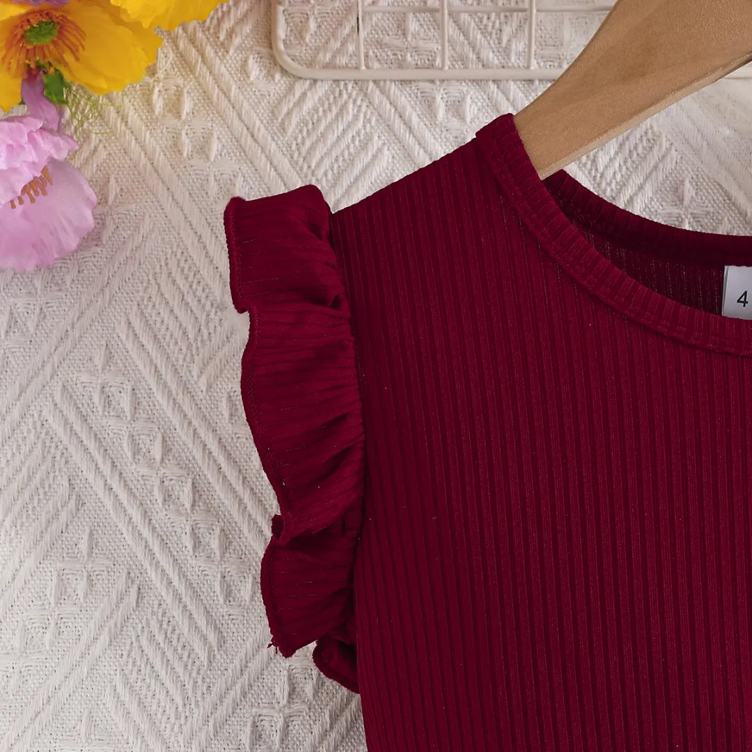 Robe Fille Été Imprimé Papillon – Haut Rouge à Volants & Jupe Fleurie