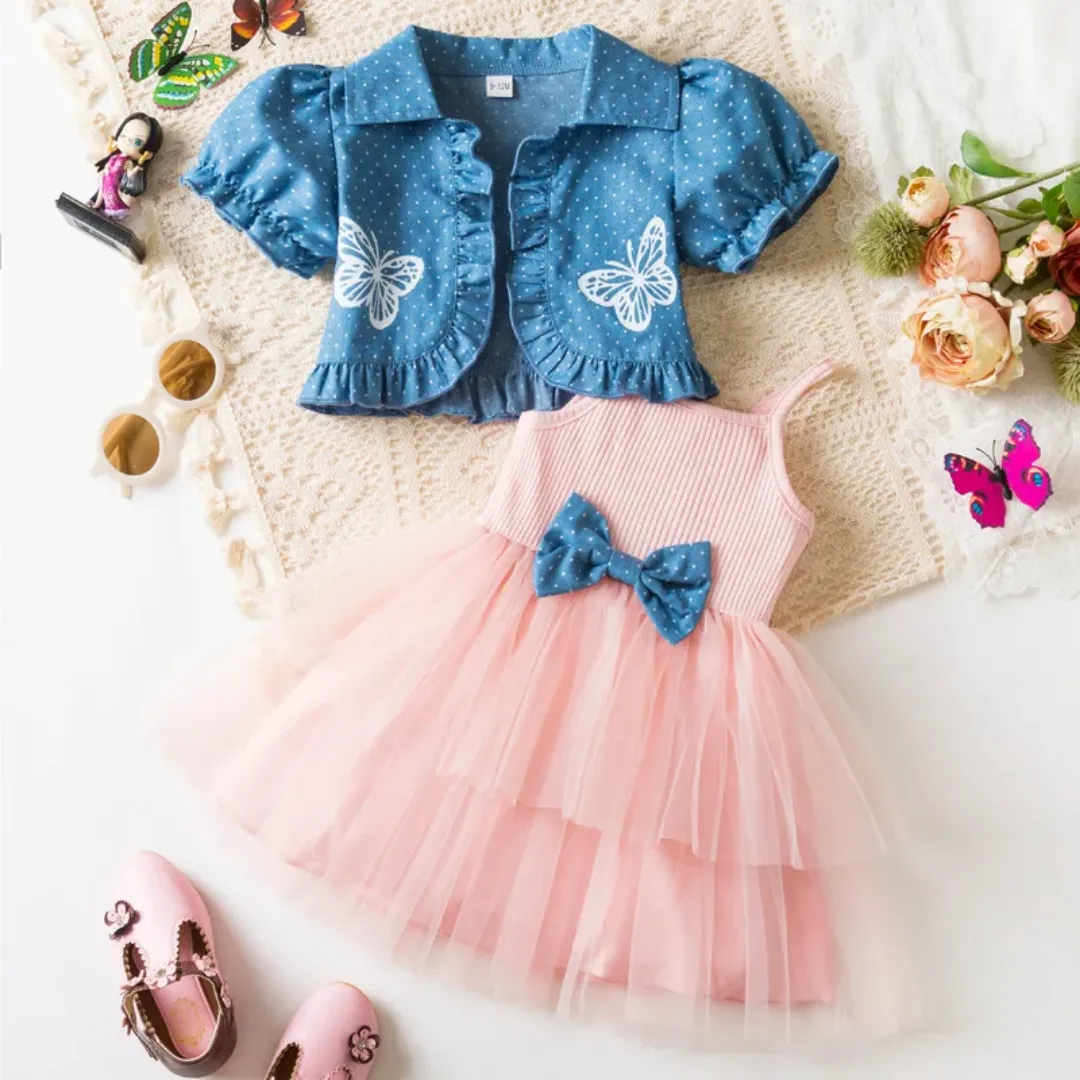Robe blanche fille avec nœud et boléro bleu à papillons