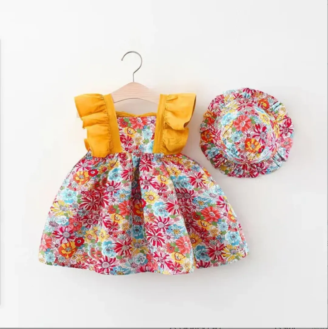 Robe d’été fleurie avec chapeau assorti pour fille