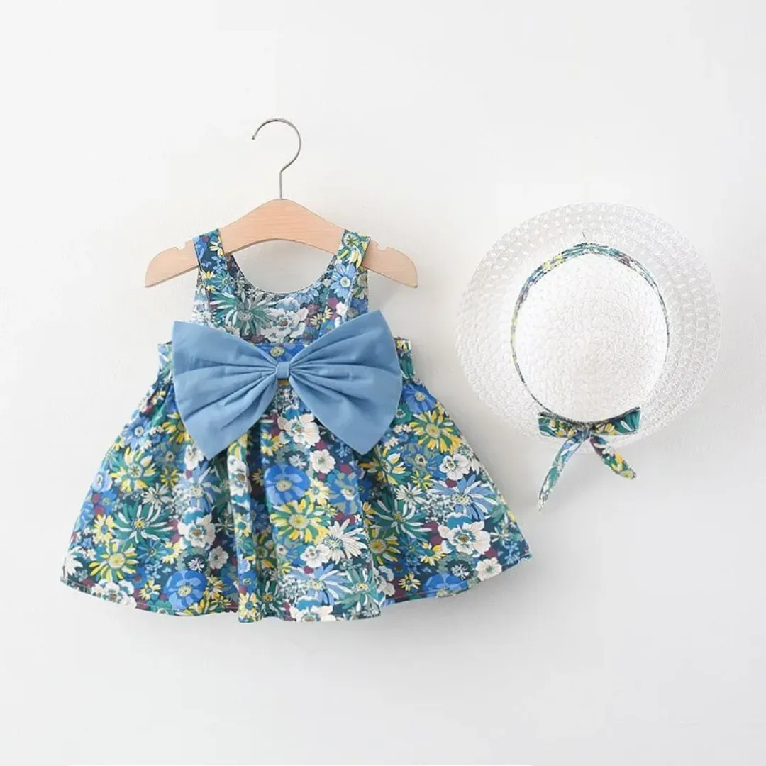 Robe fleurie avec gros nœud jaune et chapeau assorti pour fille