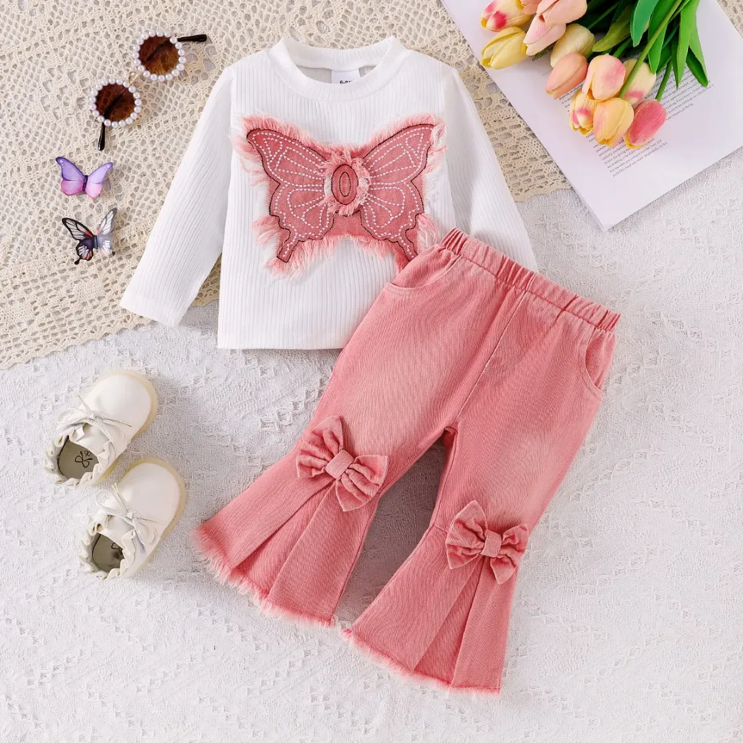 Ensemble fille chic – Haut papillon et pantalon jean avec nœuds