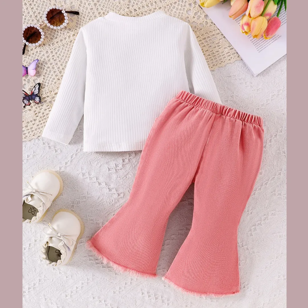 Ensemble fille chic – Haut papillon et pantalon jean avec nœuds