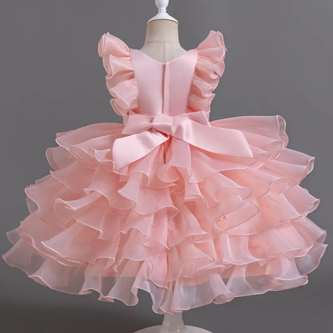 Robe de princesse fille – Tulle rose à volants et nœud élégant