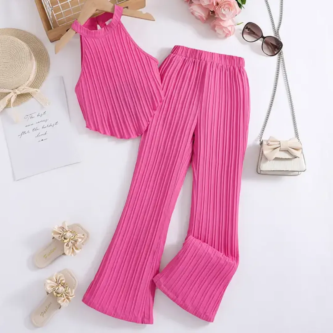 Ensemble fille chic 2 pièces – top sans manches + pantalon large