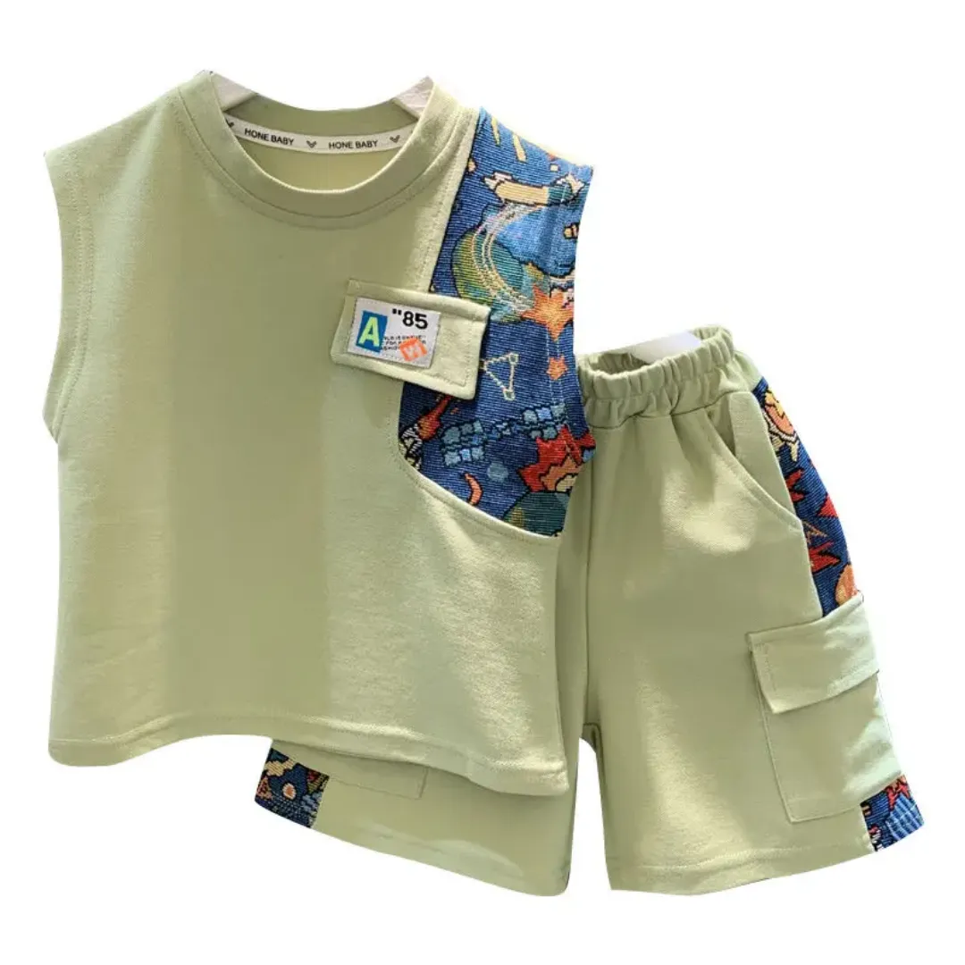 Ensemble garçon été sans manches avec détails imprimés – Débardeur + short assorti