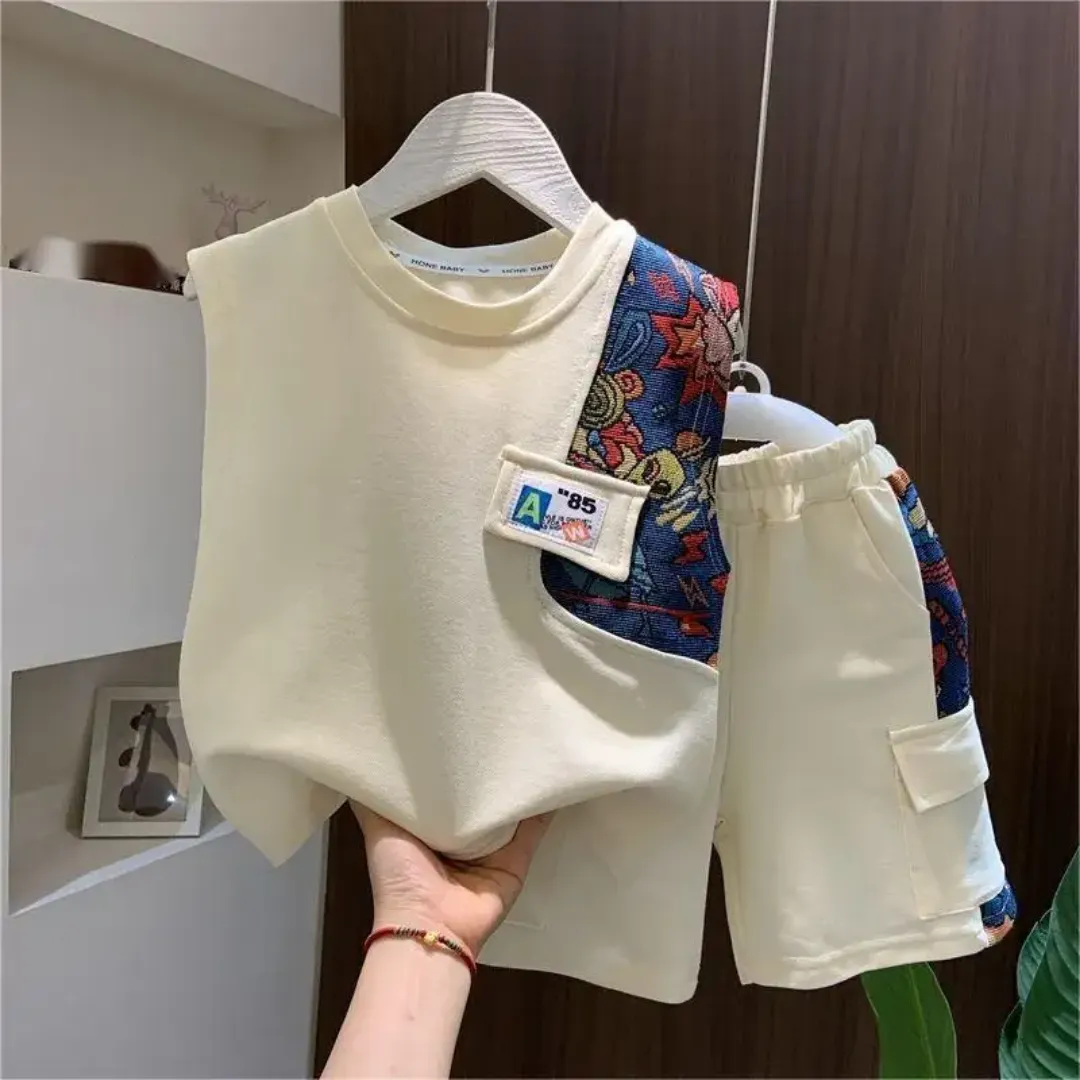 Ensemble garçon été sans manches avec détails imprimés – Débardeur + short assorti