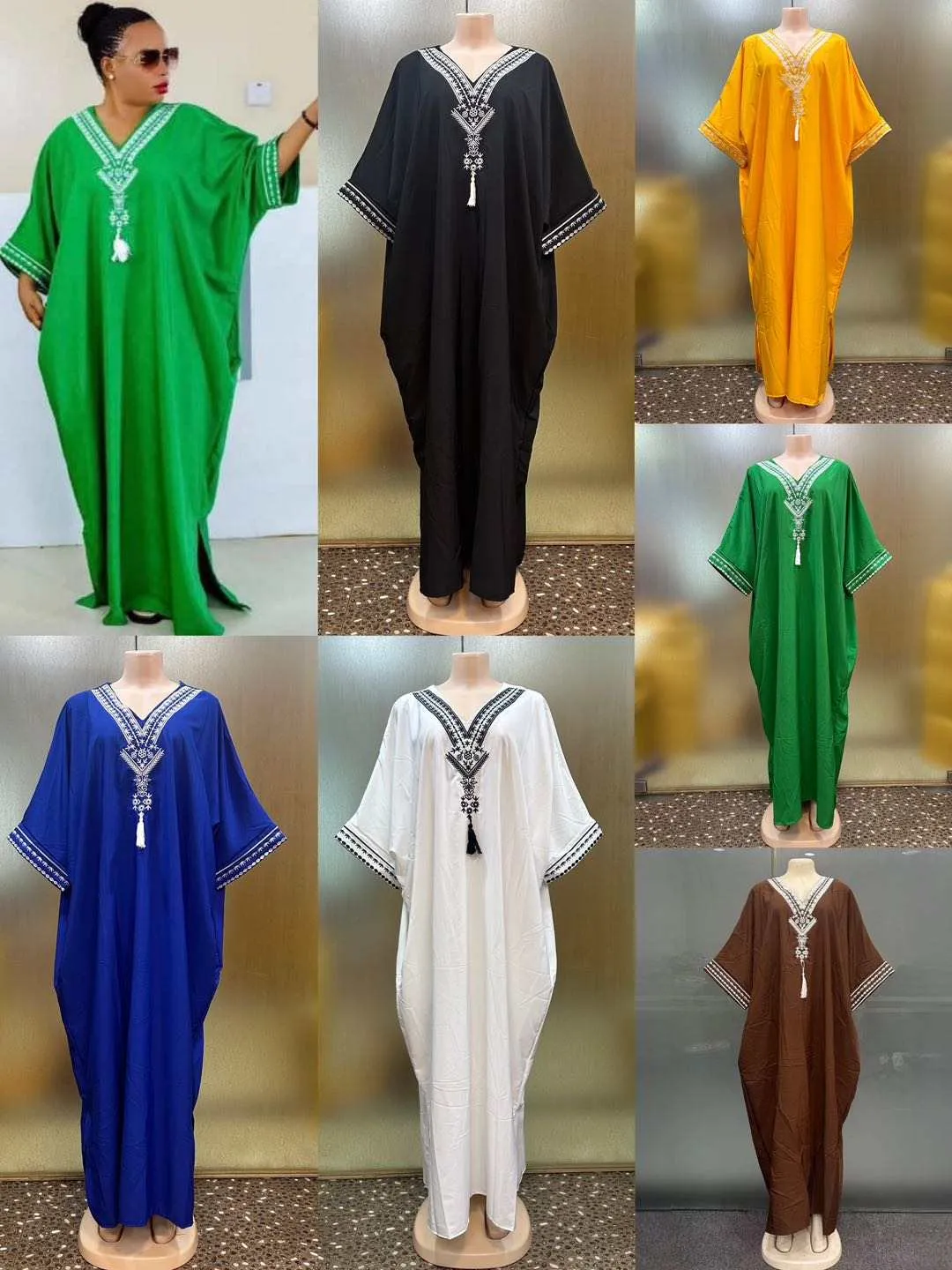 Caftan Long Traditionnel Femme – Robe Orientale Chic à Broderie et Manches Amples