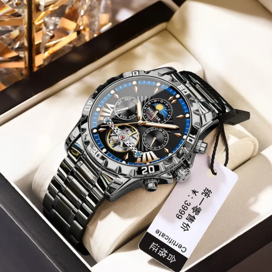 POEDAGAR 1410 Tourbillon de Luxe Mécanique Phase de Lune 30M Étanche Montre Automatique pour Hommes