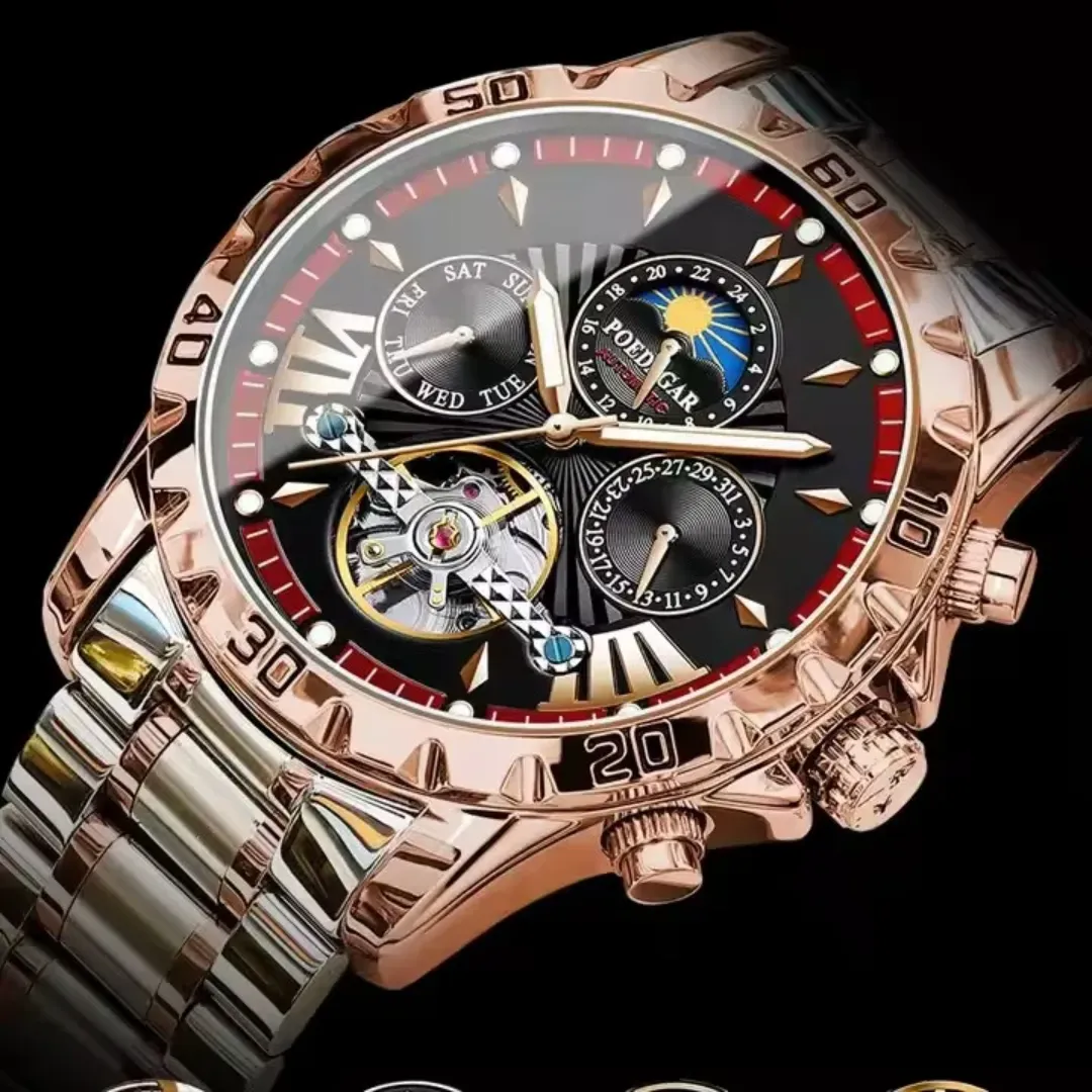 POEDAGAR 1410 Tourbillon de Luxe Mécanique Phase de Lune 30M Étanche Montre Automatique pour Hommes