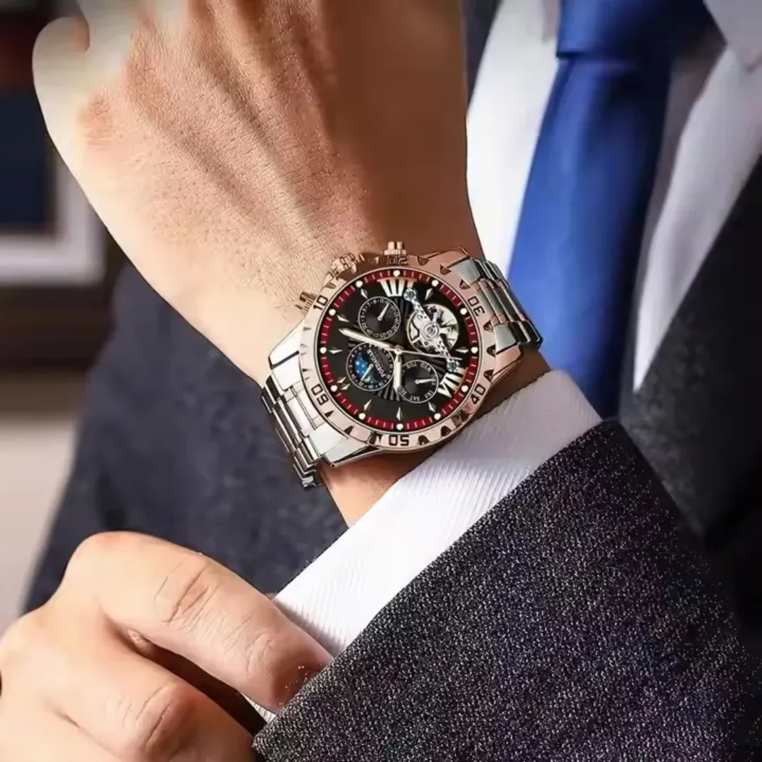 POEDAGAR 1410 Tourbillon de Luxe Mécanique Phase de Lune 30M Étanche Montre Automatique pour Hommes