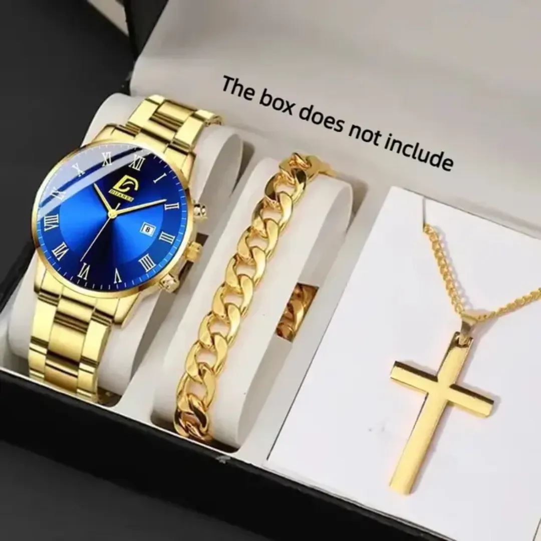 3PCS Set de montres de luxe et à la mode pour hommes, montres à quartz d'affaires pour hommes, bracelets, colliers
