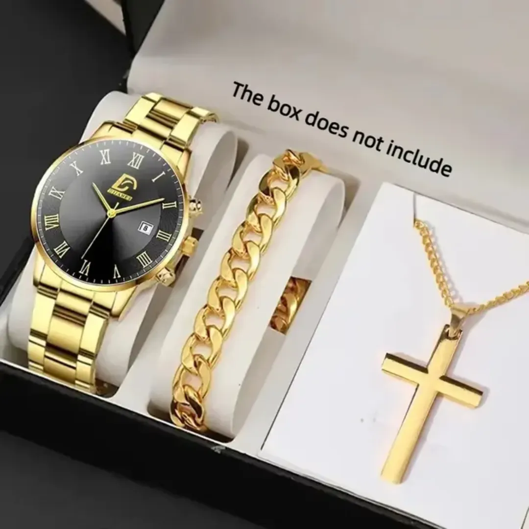 3PCS Set de montres de luxe et à la mode pour hommes, montres à quartz d'affaires pour hommes, bracelets, colliers