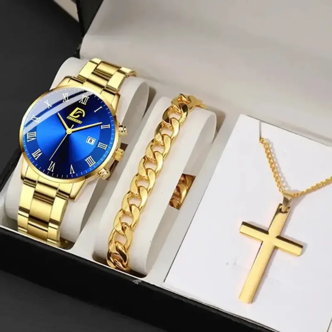 3PCS Set de montres de luxe et à la mode pour hommes, montres à quartz d'affaires pour hommes, bracelets, colliers