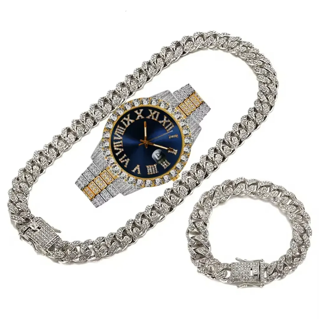 Ensemble Montre à Quartz Bling Glacé avec Collier et Bracelet