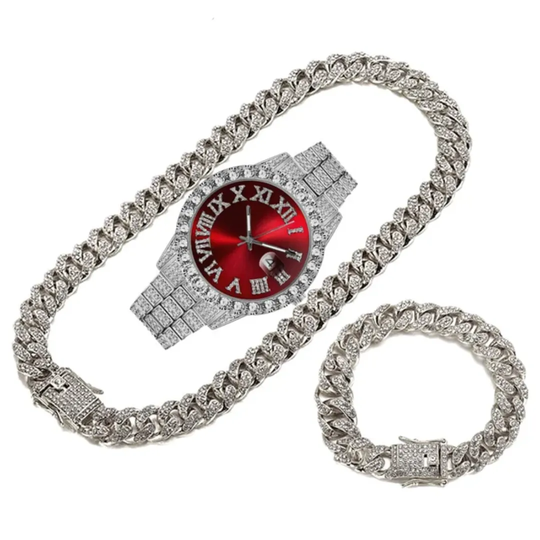 Ensemble Montre à Quartz Bling Glacé avec Collier et Bracelet