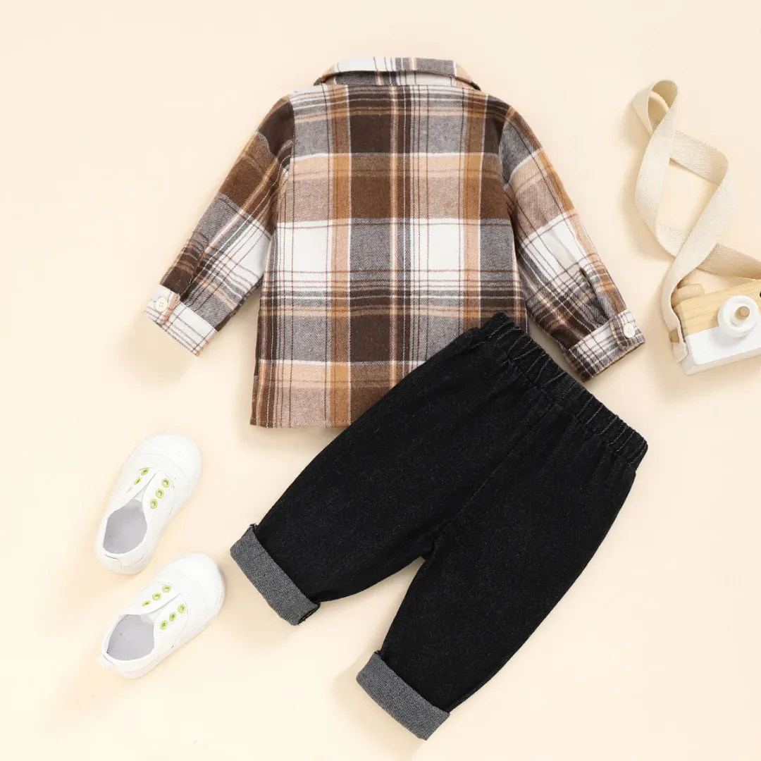 Ensemble vêtements en coton pour enfants - Chemise manches longues et pantalon cowboy