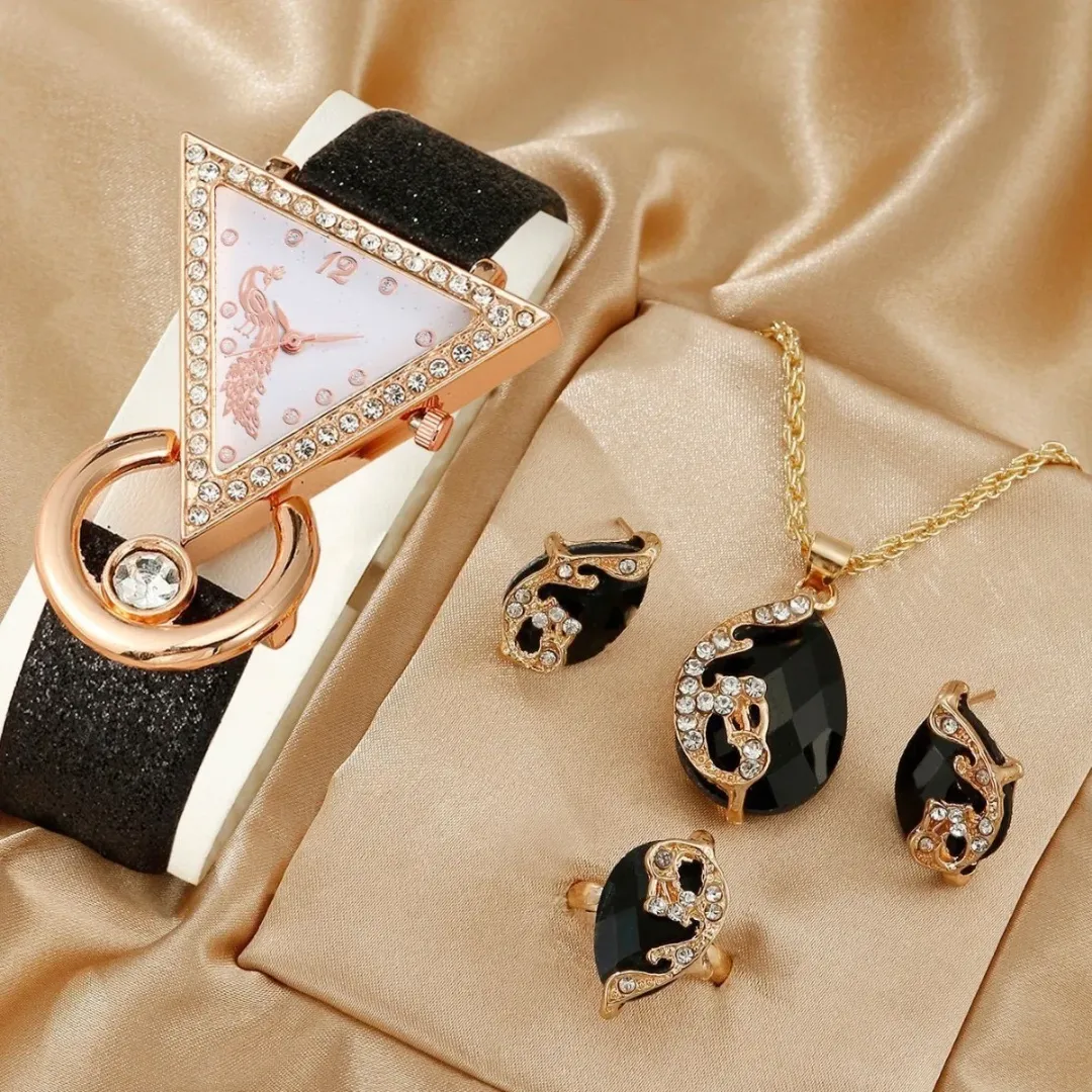 HK-02 sans boîte populaire Triangle diamant incrusté cuir femmes montre à Quartz collier boucles d'oreilles anneau ensemble