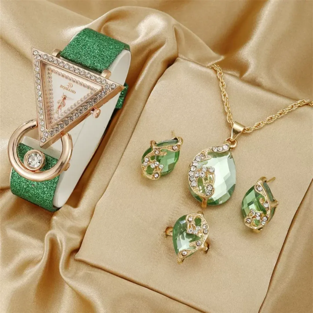 HK-02 sans boîte populaire Triangle diamant incrusté cuir femmes montre à Quartz collier boucles d'oreilles anneau ensemble