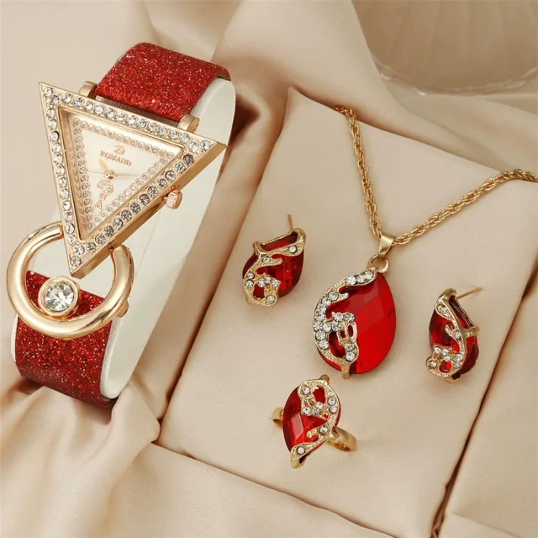 HK-02 sans boîte populaire Triangle diamant incrusté cuir femmes montre à Quartz collier boucles d'oreilles anneau ensemble