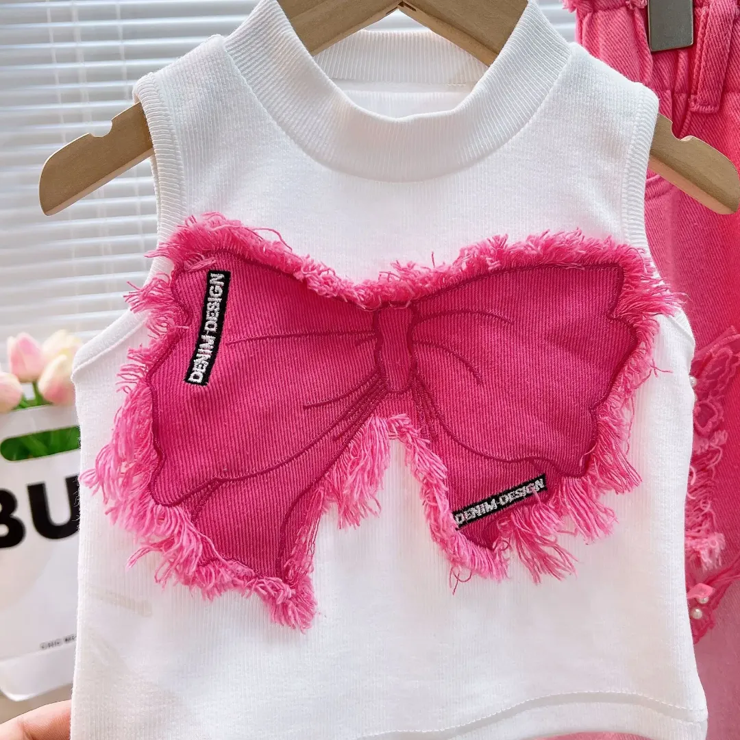 Costume deux-pièces d'été pour fille Jeans déchirés sans manches avec denim floral