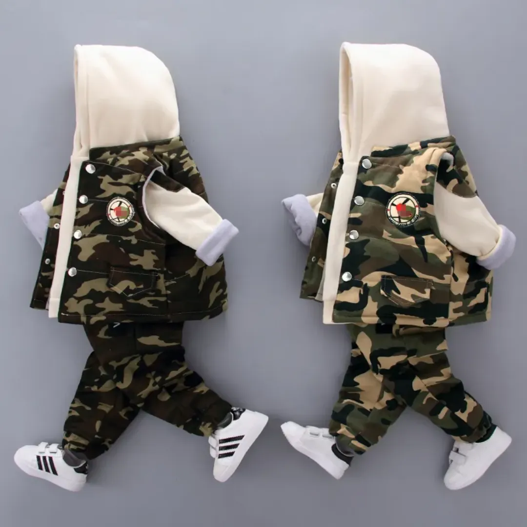 Sweat à capuche d'hiver pour garçon avec gilet et pantalon 3 pièces de vêtements de camouflage pour enfants