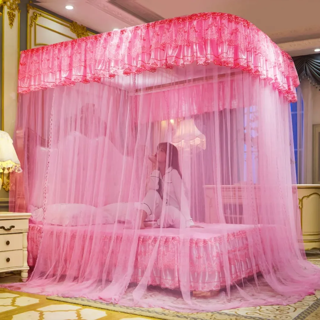 Style Coréen Dentelle Rose Broderie Double Nylon Mélange Rideaux De Lit 4 Coin Poteau Auvent Moustiquaire