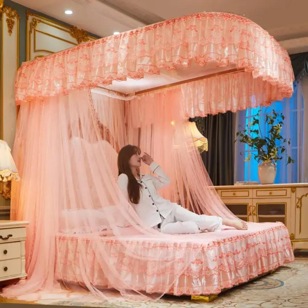 Style Coréen Dentelle Rose Broderie Double Nylon Mélange Rideaux De Lit 4 Coin Poteau Auvent Moustiquaire