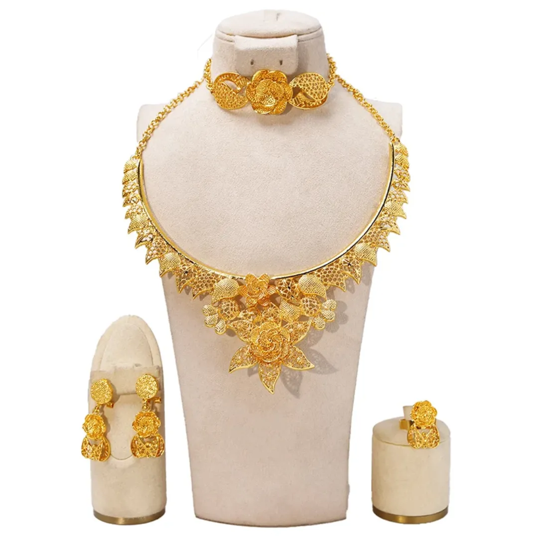 Ensemble de Bijoux de Mariée en Or avec Bracelet, Collier, Boucles d'Oreilles et Anneaux