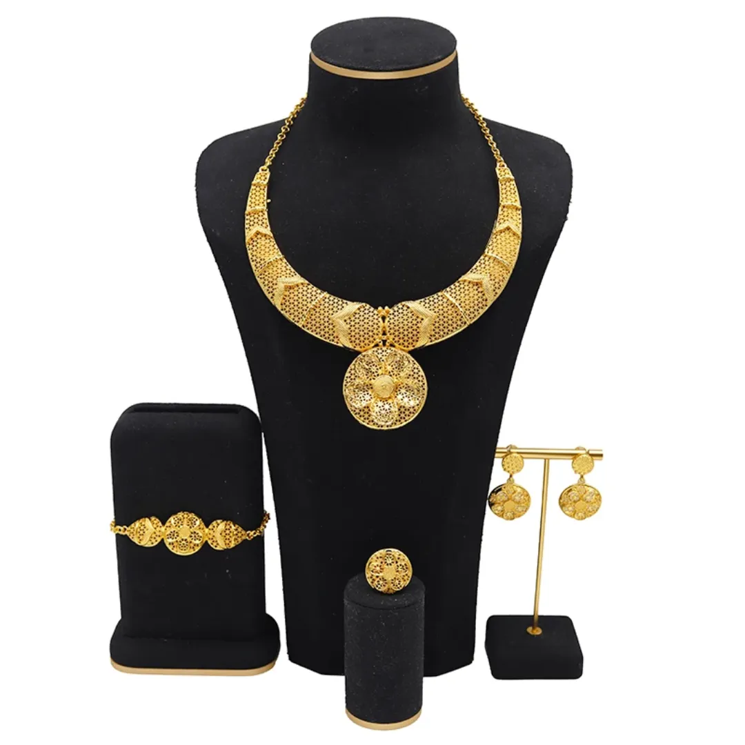 Ensemble de Bijoux de Mariée en Or avec Bracelet, Collier, Boucles d'Oreilles et Anneaux