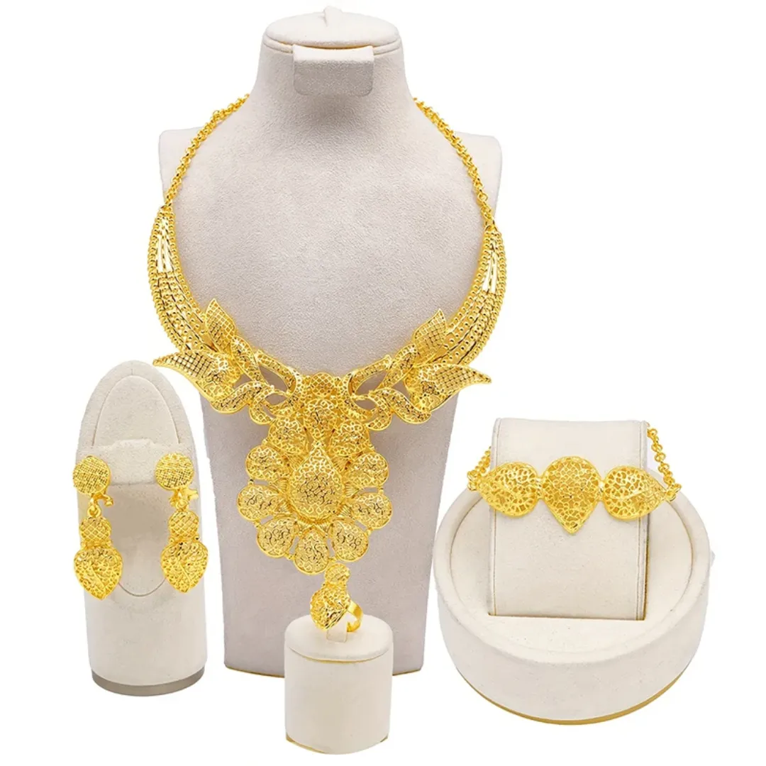 Ensemble de Bijoux de Mariée en Or avec Bracelet, Collier, Boucles d'Oreilles et Anneaux