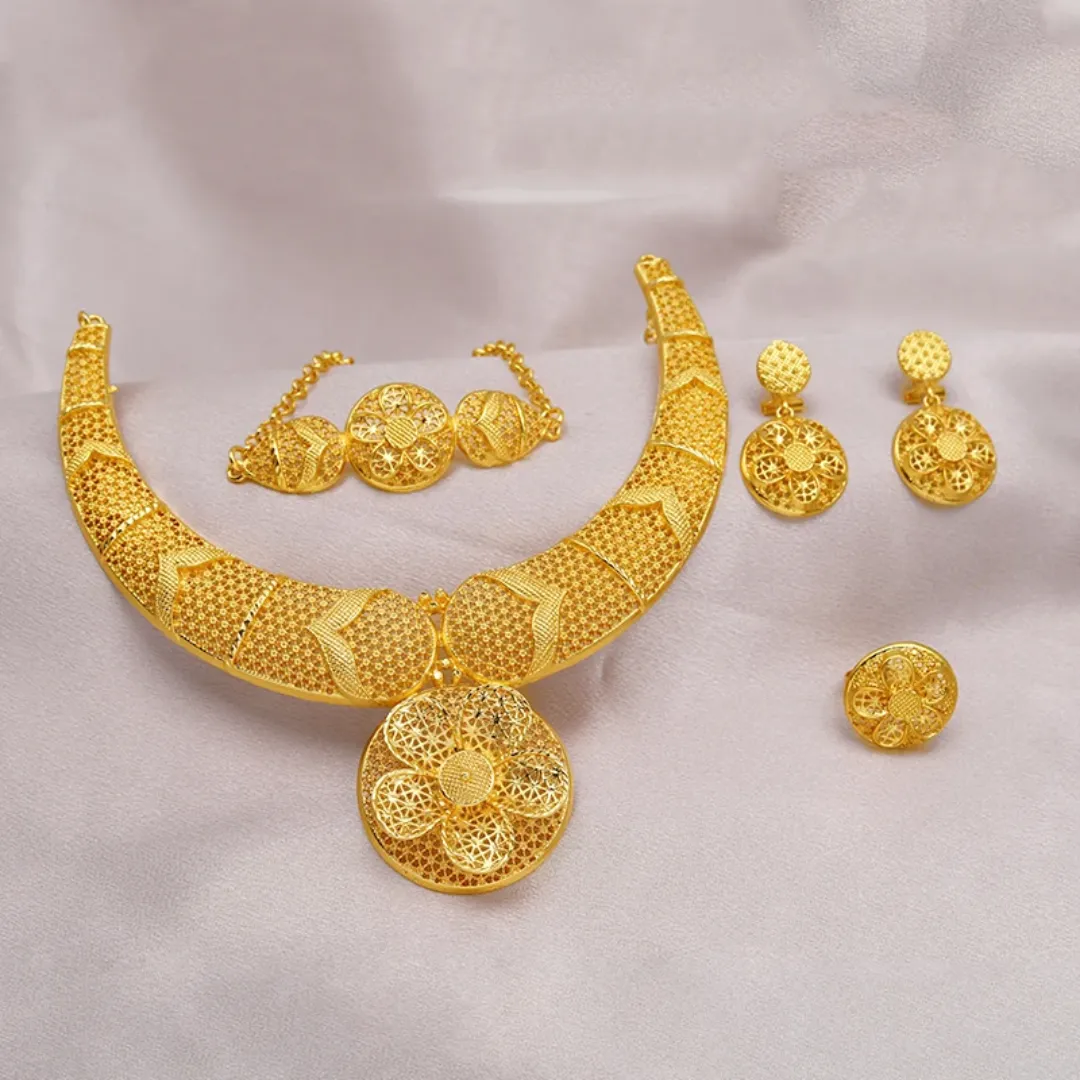Ensemble de Bijoux de Mariée en Or avec Bracelet, Collier, Boucles d'Oreilles et Anneaux