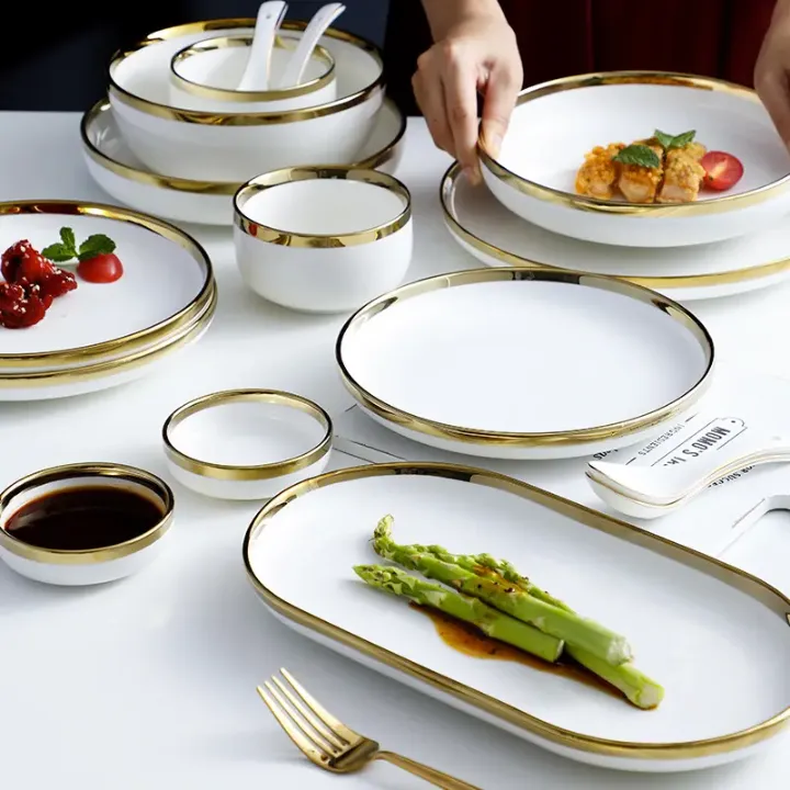 Ensemble de vaisselles 18 pièces en porcelaine avec finition dorée – Raffinement pour 3 à 4 personnes