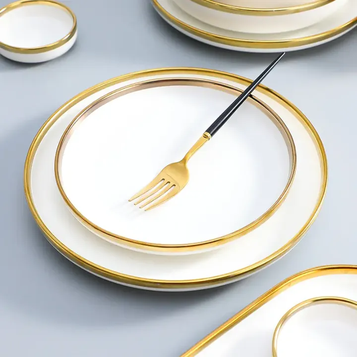 Ensemble de vaisselles 32 pièces en porcelaine dorée – Luxe et raffinement pour 8 personnes