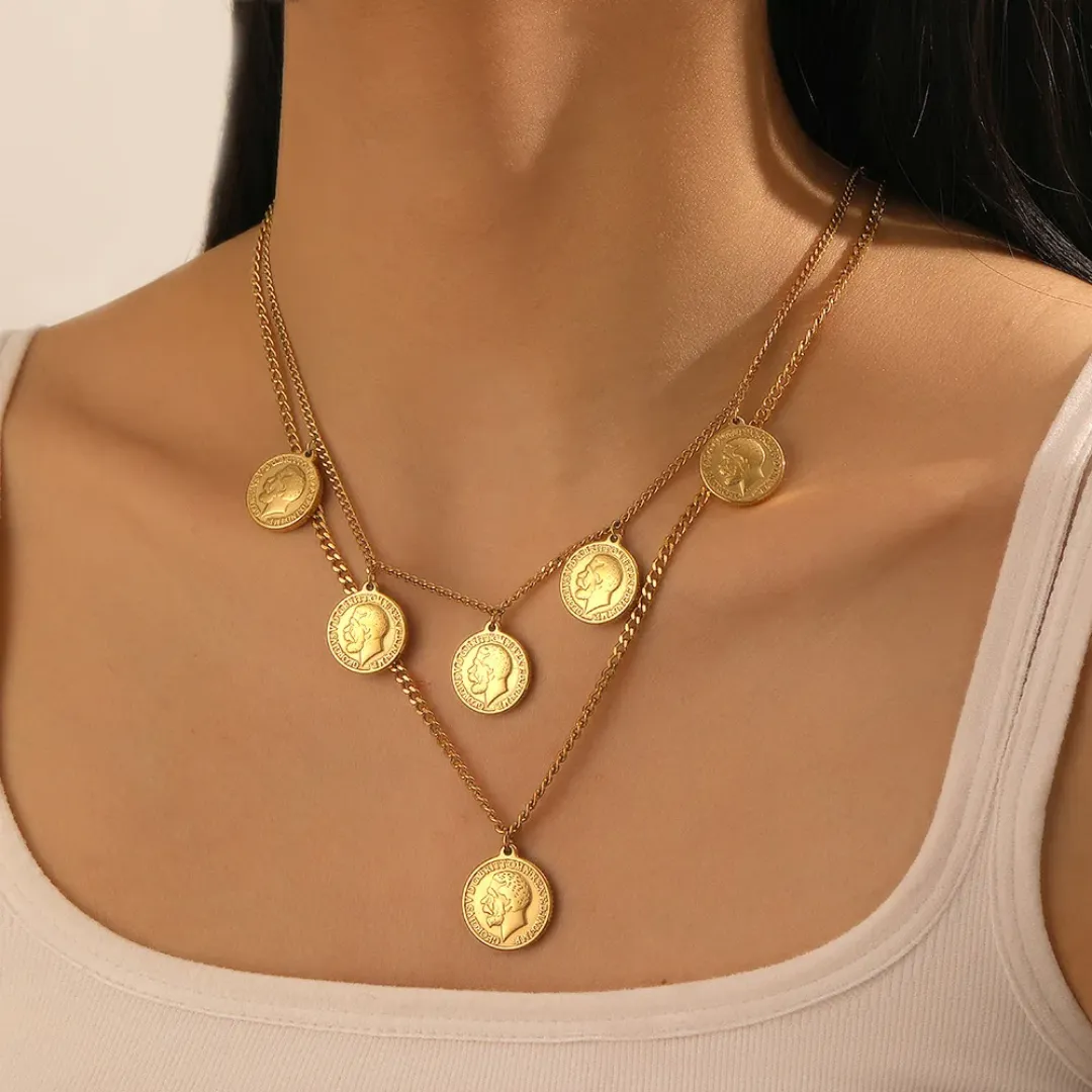 Collier à pendentifs double couche en acier inoxydable non terni 18k PVD plaqué or pour femmes