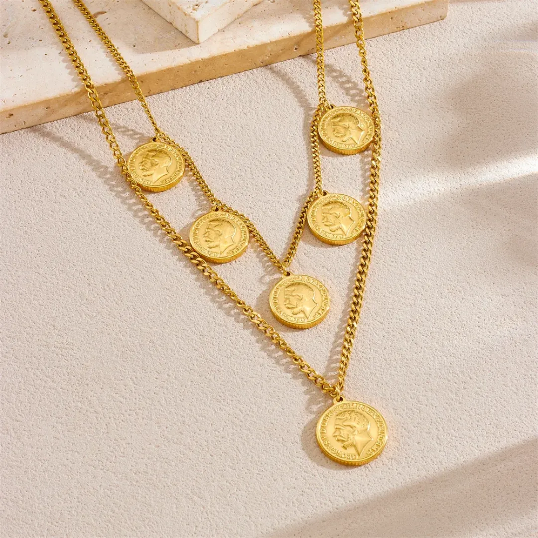 Collier à pendentifs double couche en acier inoxydable non terni 18k PVD plaqué or pour femmes