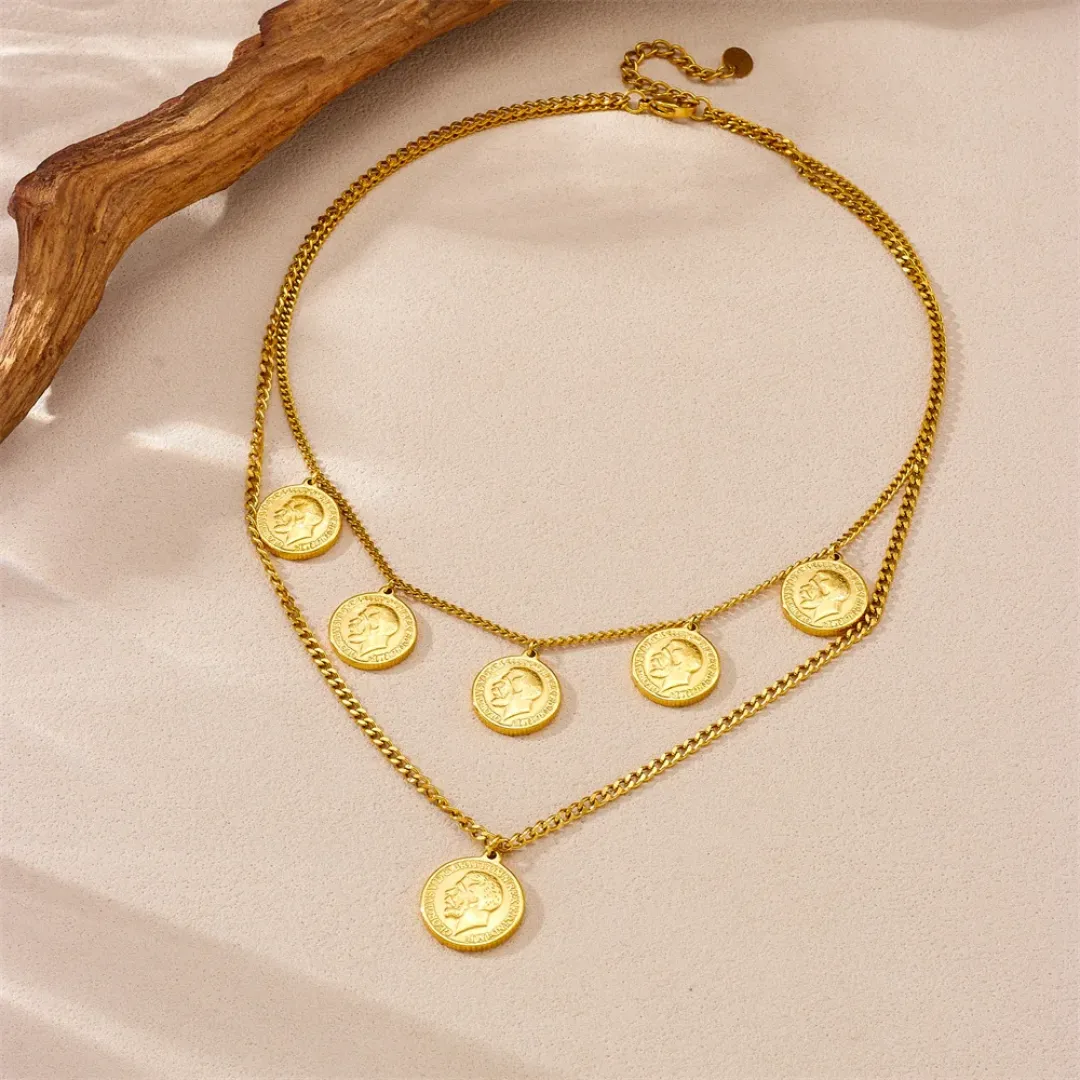 Collier à pendentifs double couche en acier inoxydable non terni 18k PVD plaqué or pour femmes